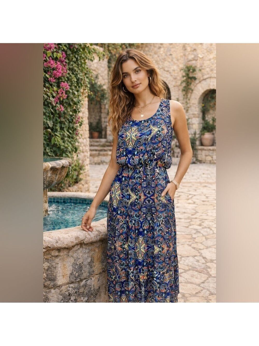 Lara Guidotti Made in Italy Mosaic Print Midi Dress Boho Resort Sleeveless S